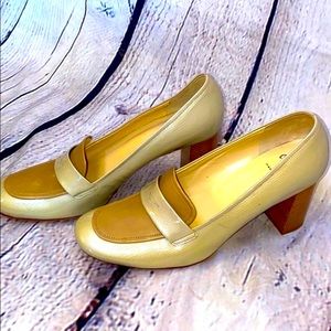 Amalfi Gold Tan Patent Leather Block Heel Loafer Shoes Size 9.5